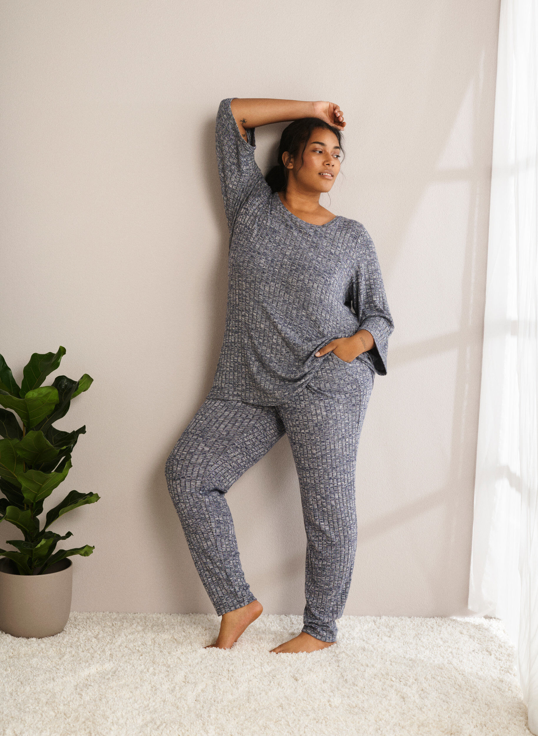 Zizzi Blouse m&eacute;lang&eacute;e avec col rond et manches 3/4, Dress Blues Mel., Image image number 0