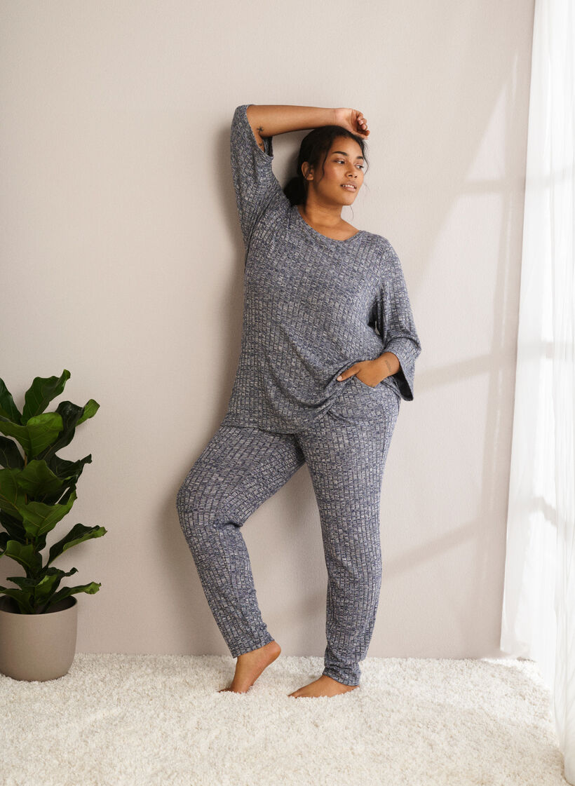 Blouse mélangée avec col rond et manches 3/4, Dress Blues Mel., Image image number 0