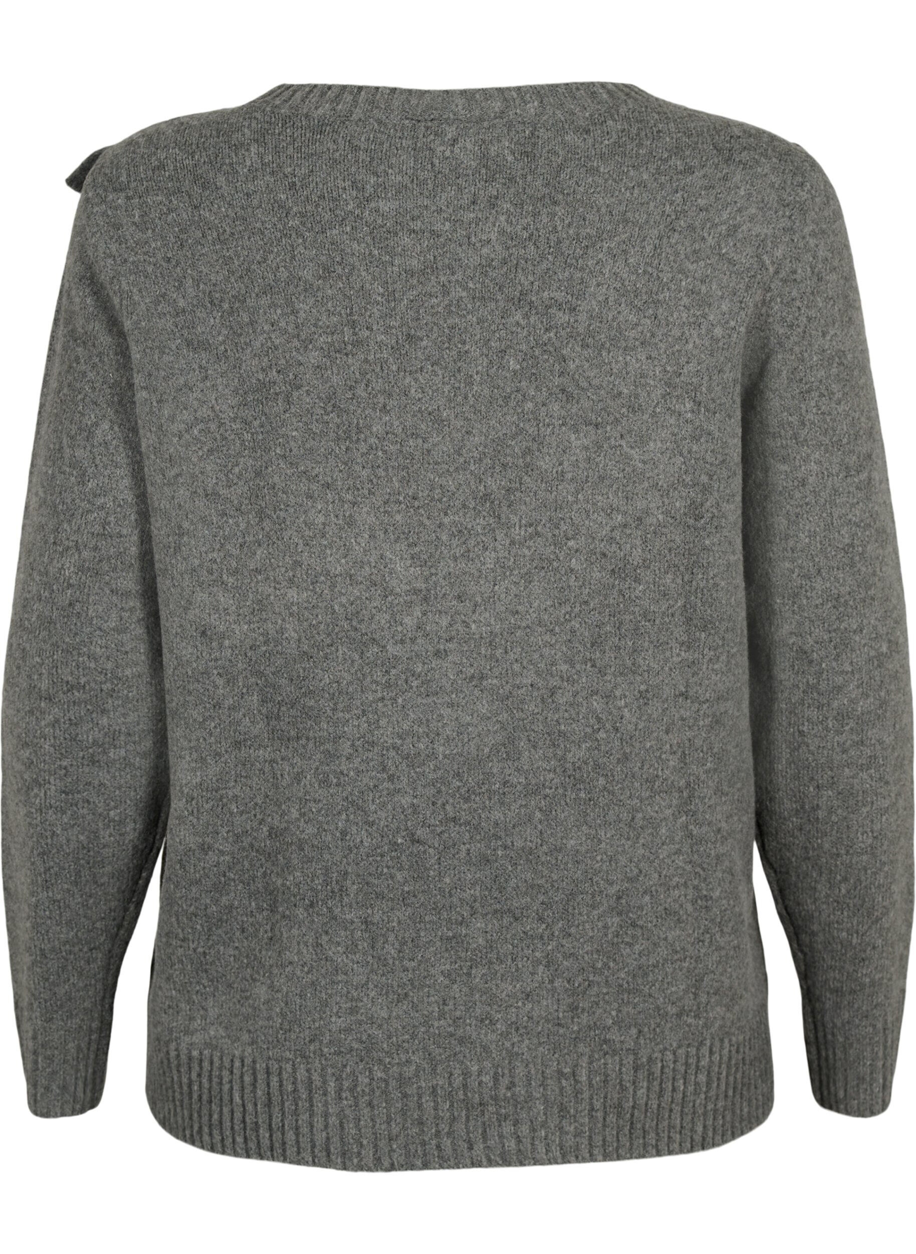 Zizzi Pull en laine tricot&eacute; avec jabots, Dark Grey Melange, Packshot image number 1