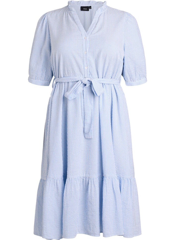 Robe midi &agrave; rayures en coton avec ceinture &agrave; nouer, Blanc, Packshot image number 0