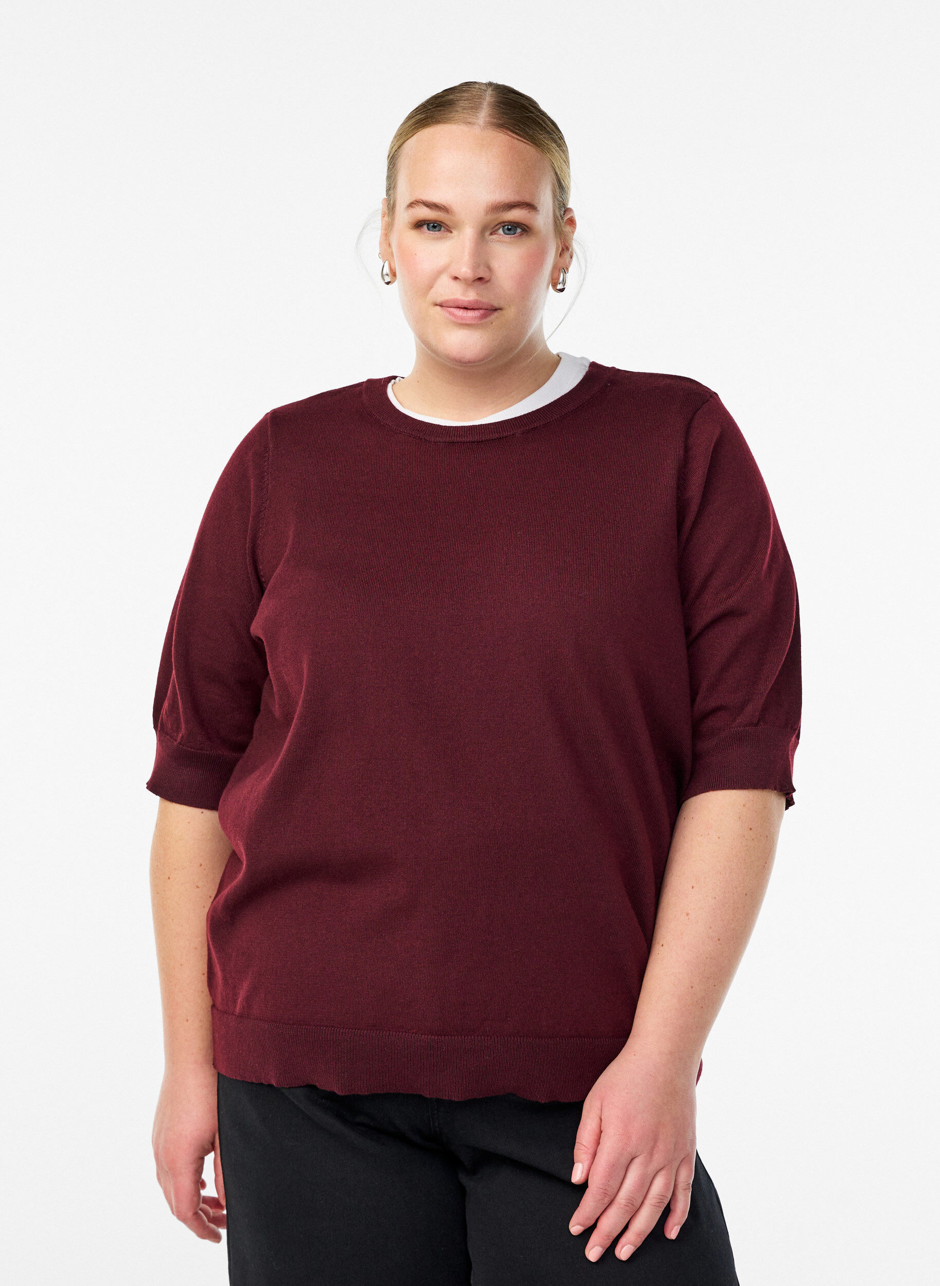 ZizziBlouse en fine maille &agrave; manches courtes, Bordeaux, Model image number 0