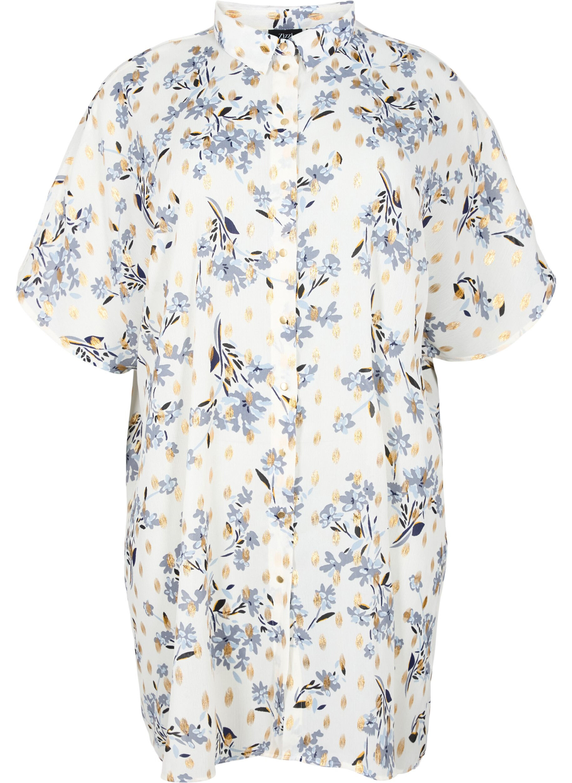 Zizzi Chemise longue &agrave; imprim&eacute; floral, White Flower/Gold, Packshot image number 0