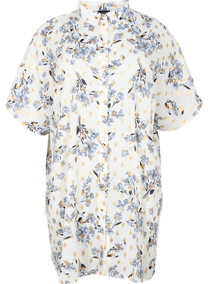 Chemise longue à imprimé floral, White Flower/Gold, Packshot image number 0