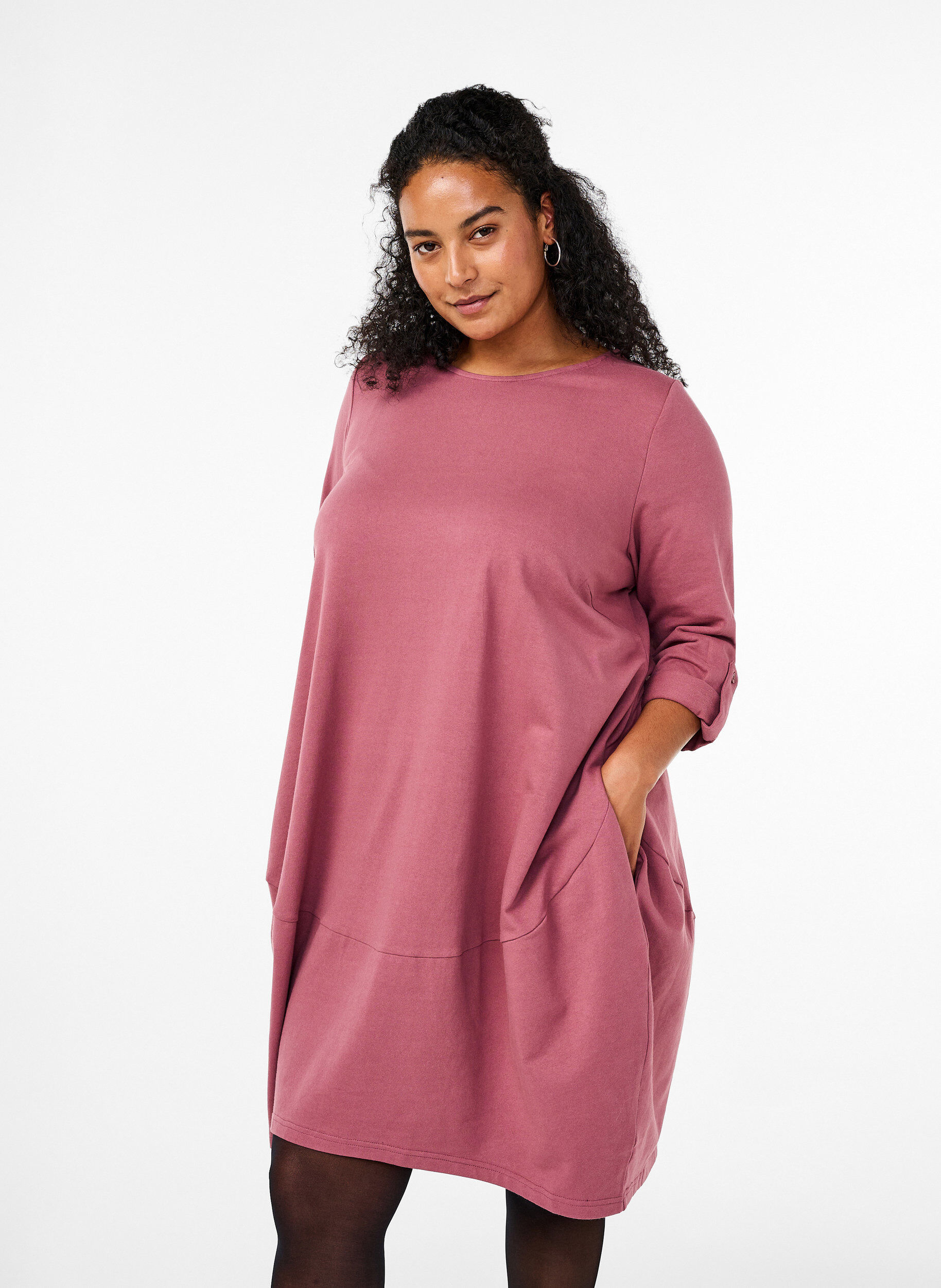 Zizzi Robe ballon en coton avec poches, Rose, Model image number 0