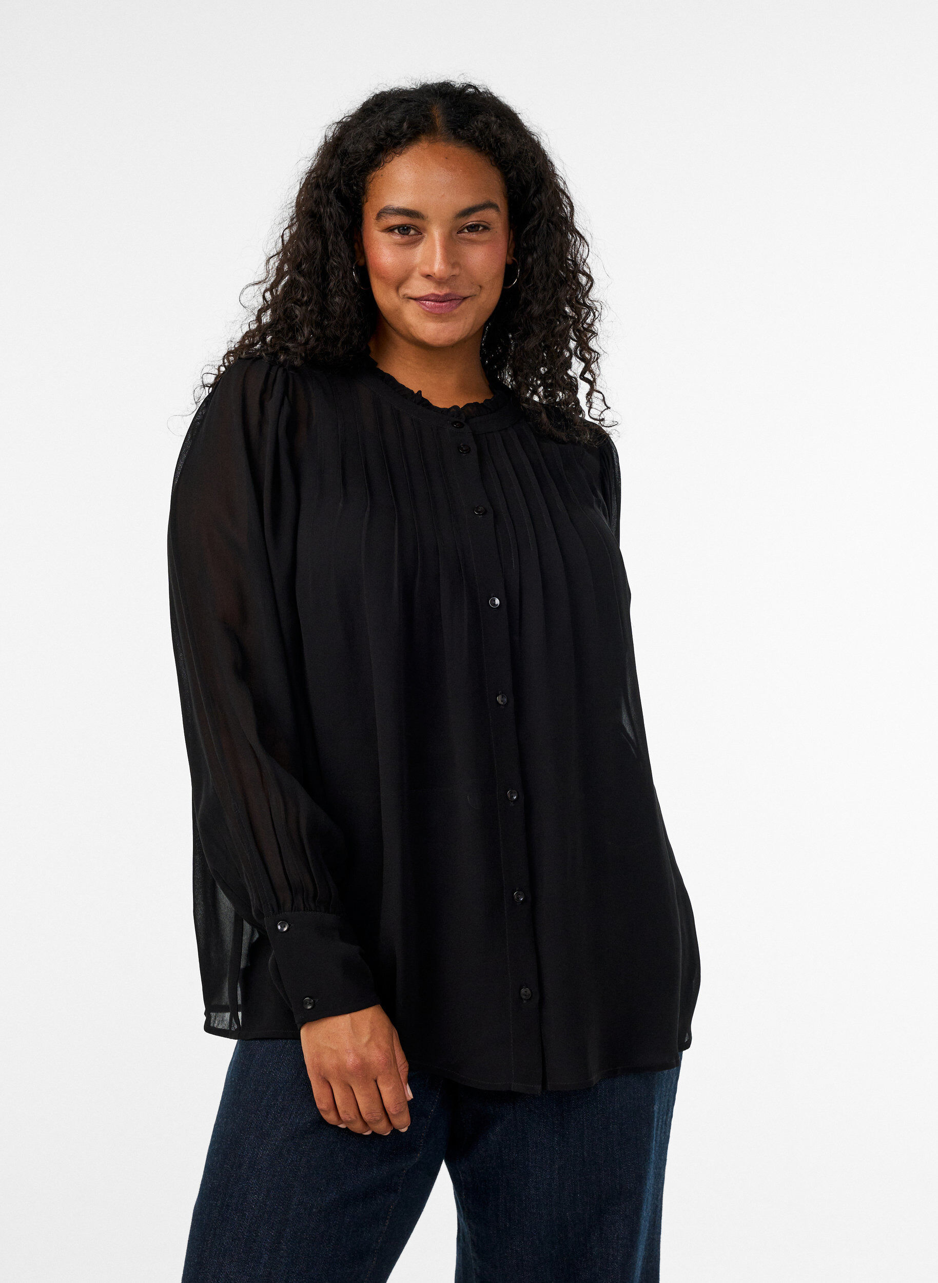 Blouse en viscose &agrave; col &agrave; volants, Noir, Model