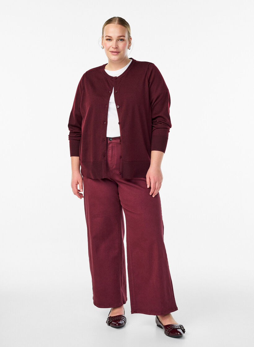 Cardigan en maille fine avec col rond, Bordeaux, Model image number 1