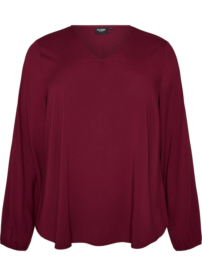 Blouse en viscose avec col en V et ourlet arrondi, Bordeaux, Packshot image number 0