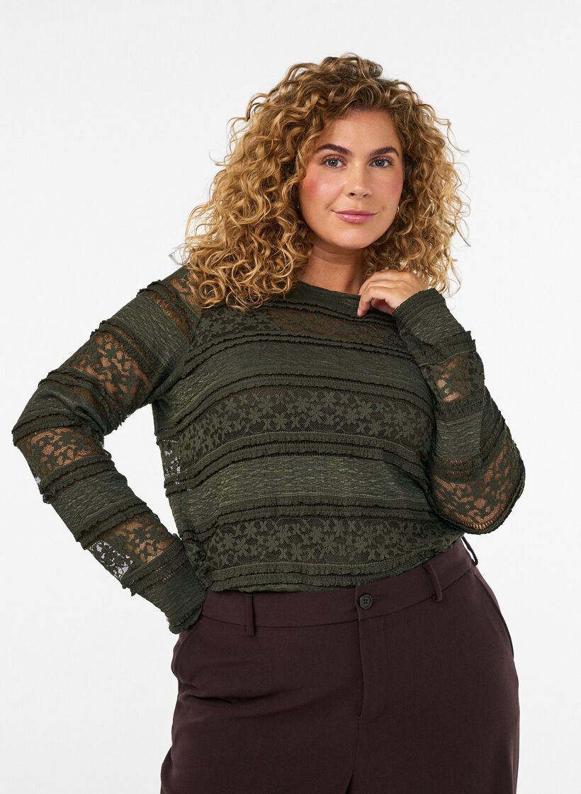 Blouse en dentelle avec manches longues, Vert fonc&eacute;, Model image number 0