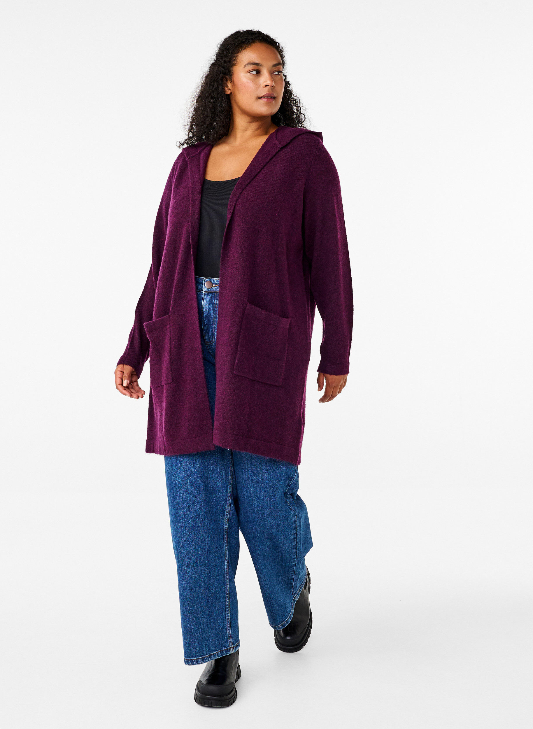 Zizzi Cardigan long tricot&eacute; contenant de la laine et capuche, Potent Purple Mel., Model image number 2
