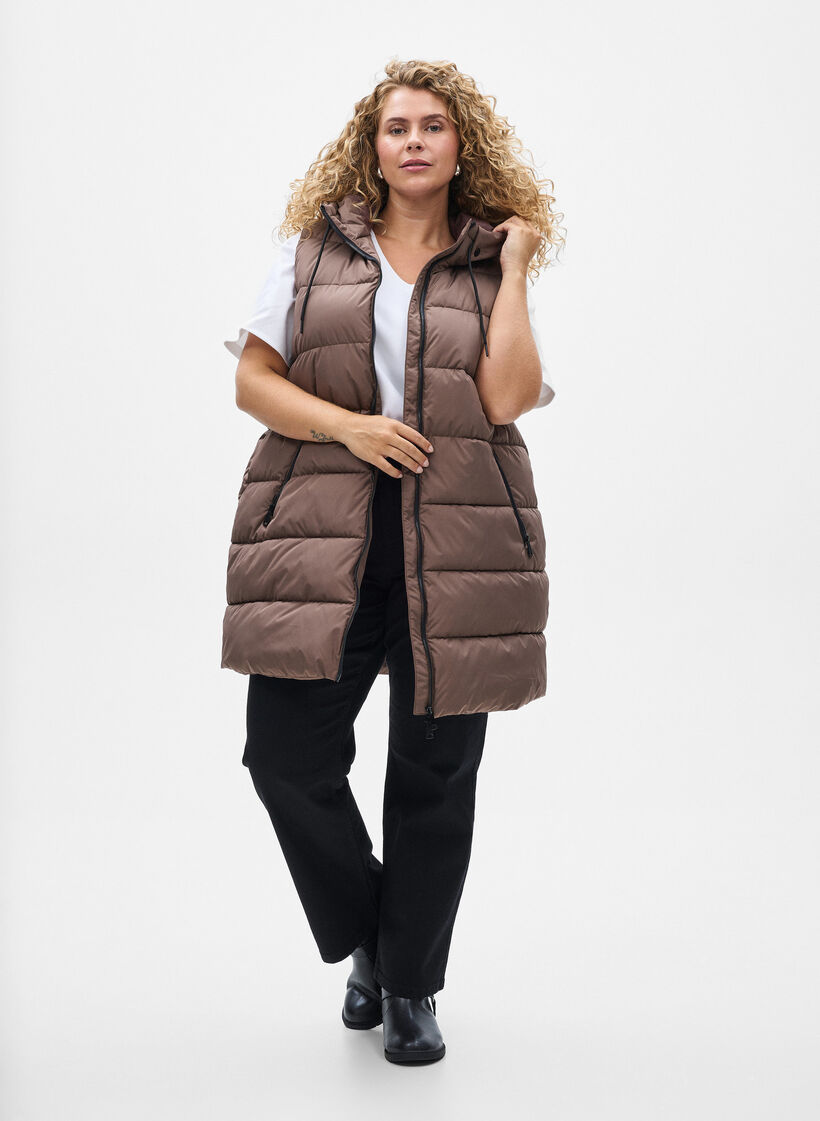 Veste longue avec capuche et poches, Marron, Model image number 1