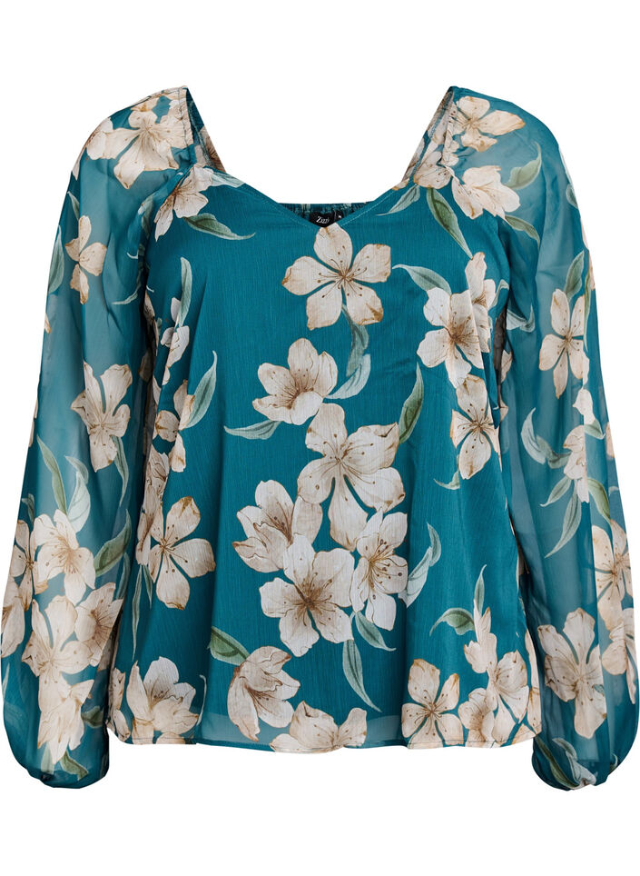 Chemisier en mousseline avec imprim&eacute; floral et manches longues, Vert, Packshot image number 0