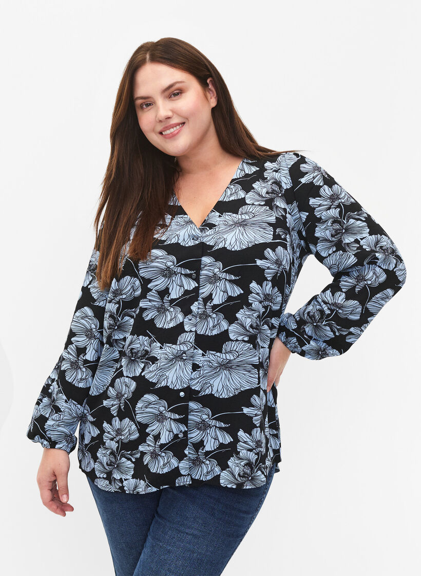 Blouse avec col en V et imprimé, Black B. Flower AOP, Model image number 0