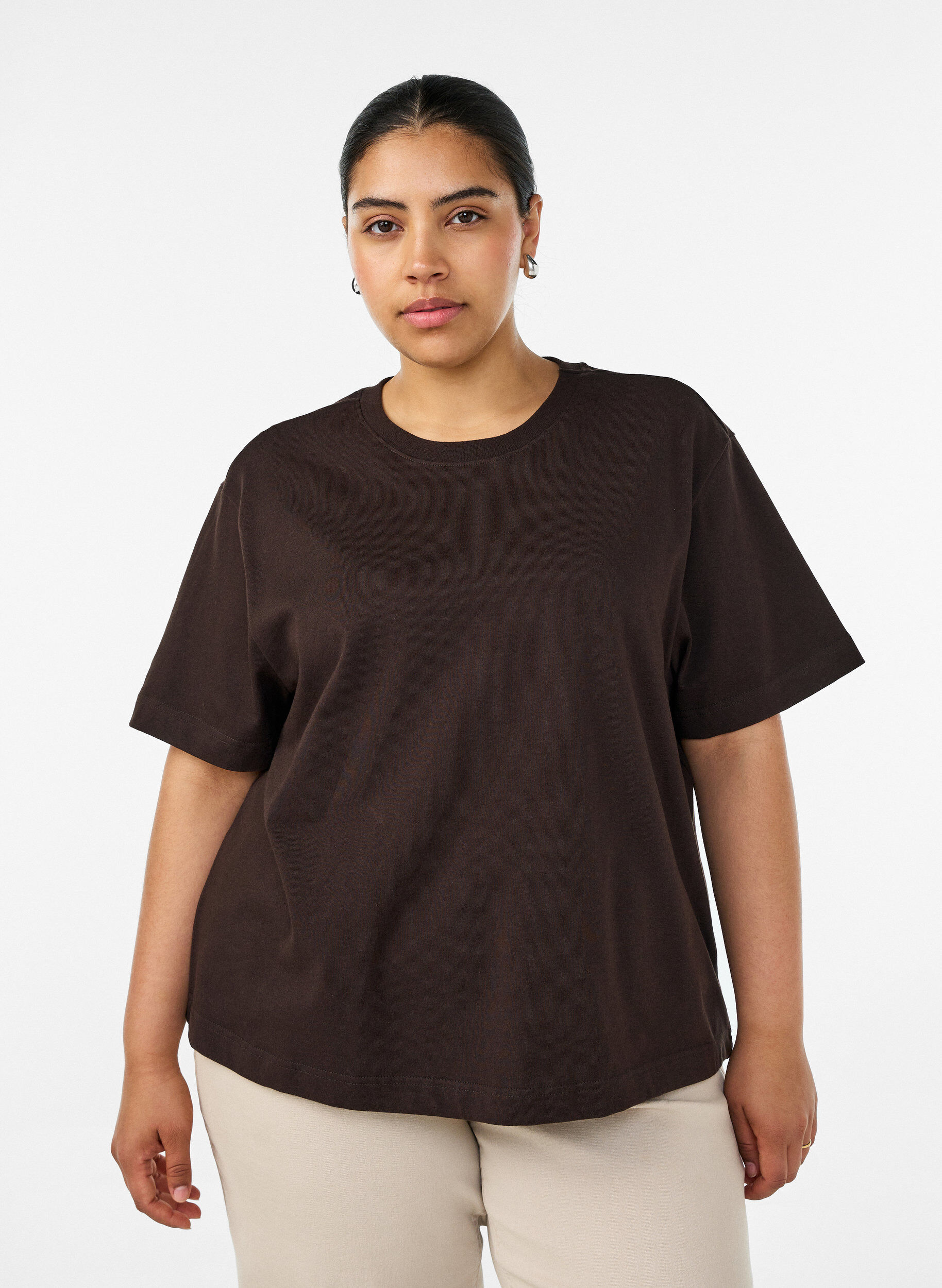 T-shirt coupe boxy en coton, Marron, Model