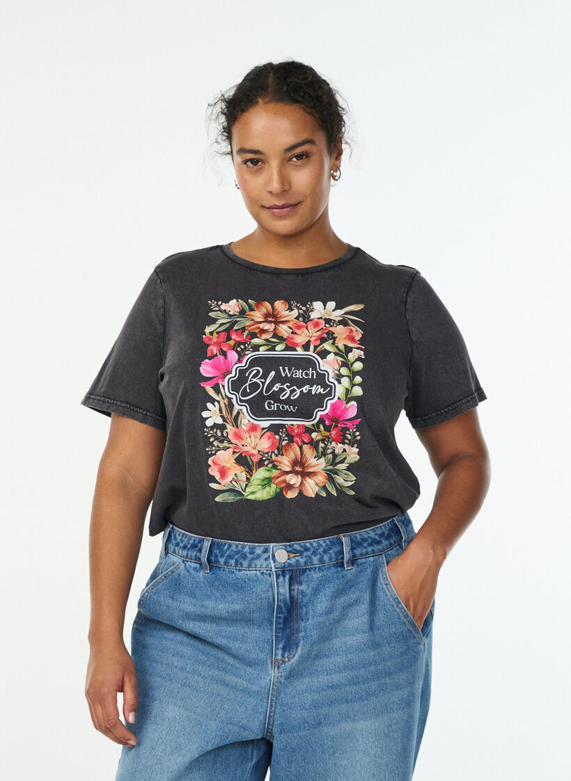 T-shirt en coton bio avec imprimé, Gris anthracite, Model