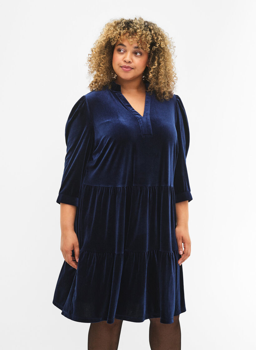 Robe en velours avec col à volants et manches 3/4., Navy Blazer, Model image number 2