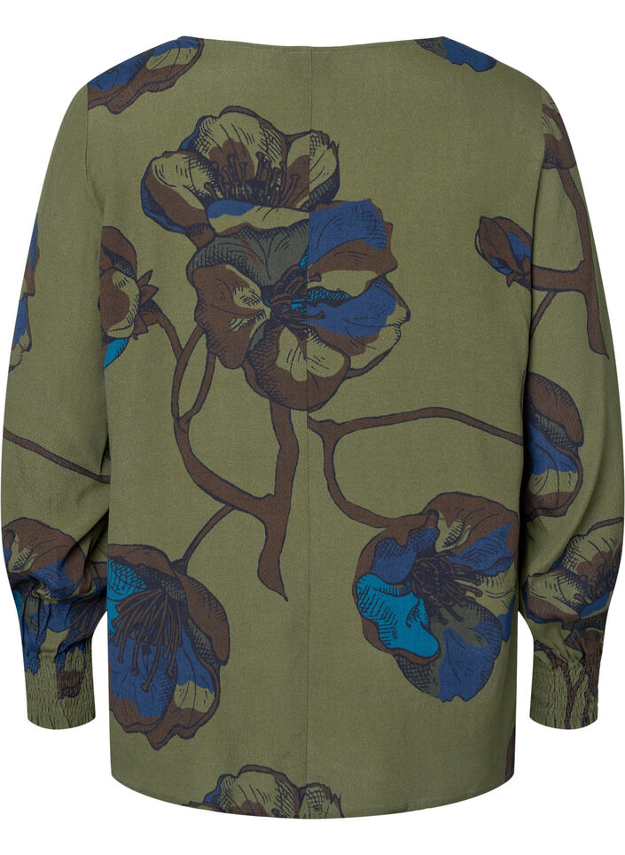Blouse à manches longues en viscose avec imprimé floral	, Green Big Flower, Packshot image number 1