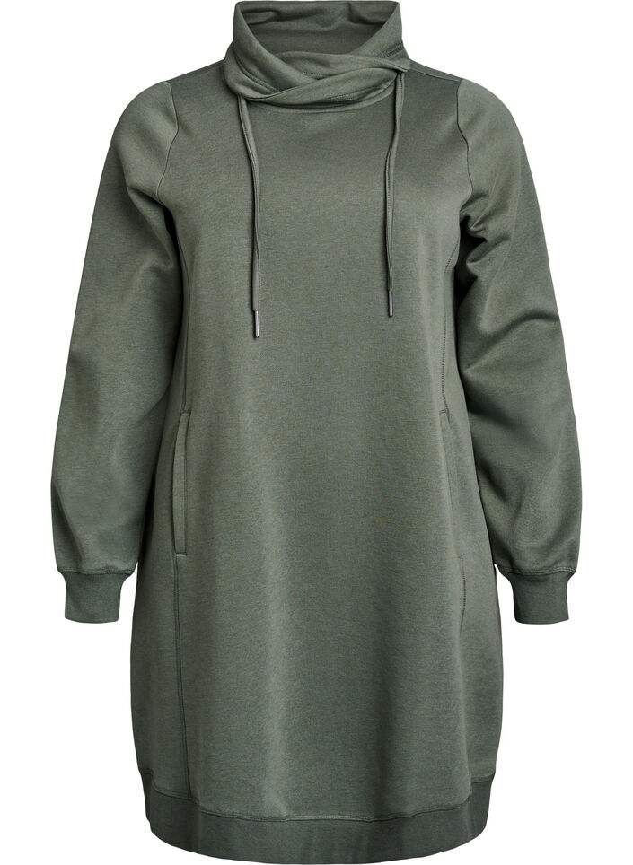 Robe sweat-shirt courte &agrave; col montant et poches, Vert, Packshot image number 0
