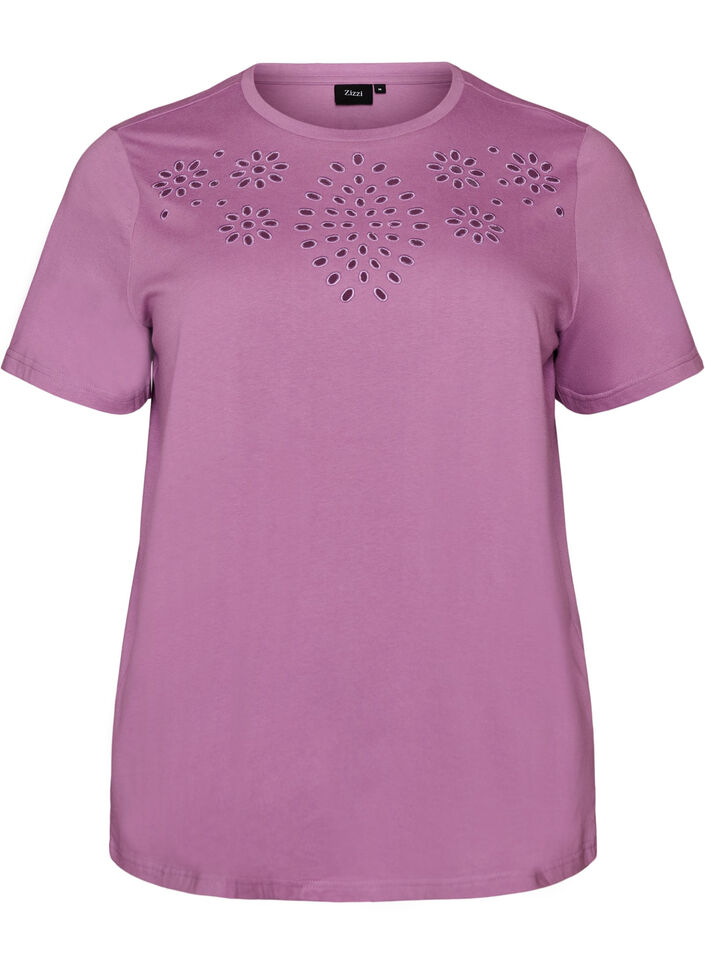 T-shirt en coton biologique avec broderie ajour&eacute;e, Violet, Packshot image number 0