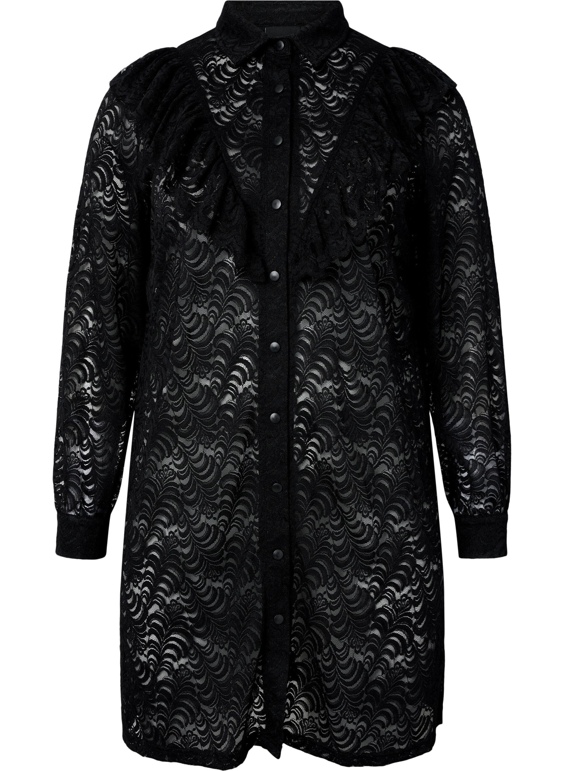 Zizzi Robe chemise en dentelle avec froufrous, Black, Packshot image number 0