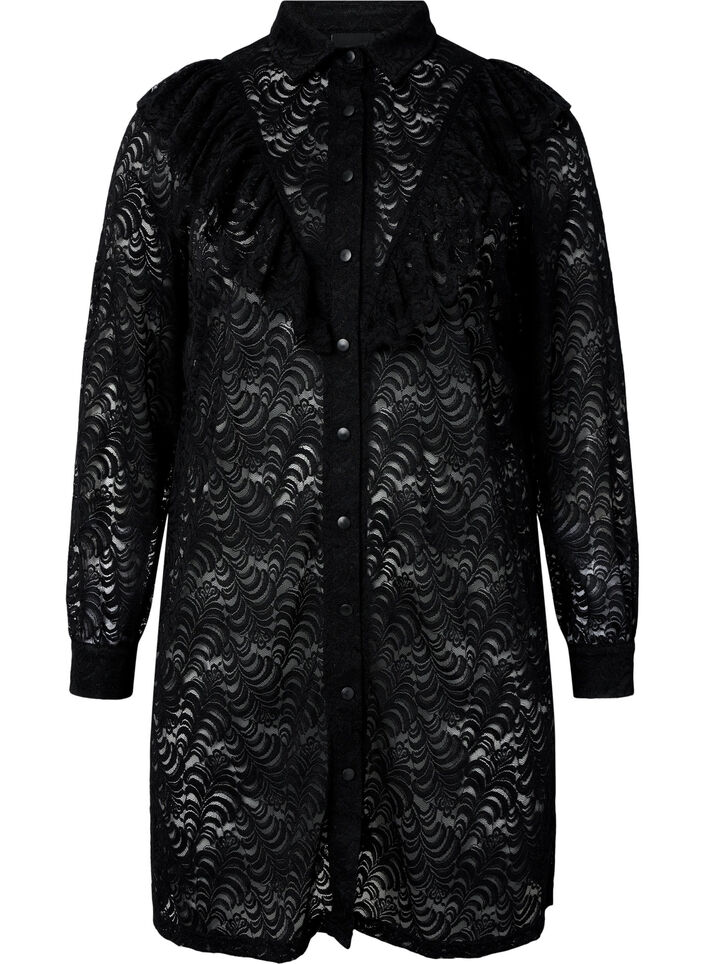 Robe chemise en dentelle avec froufrous, Black, Packshot image number 0