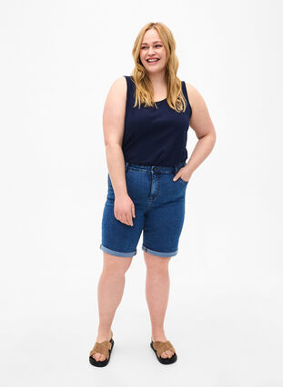  Shorts en jean moulants à taille haute, Blue Denim, Model image number 3