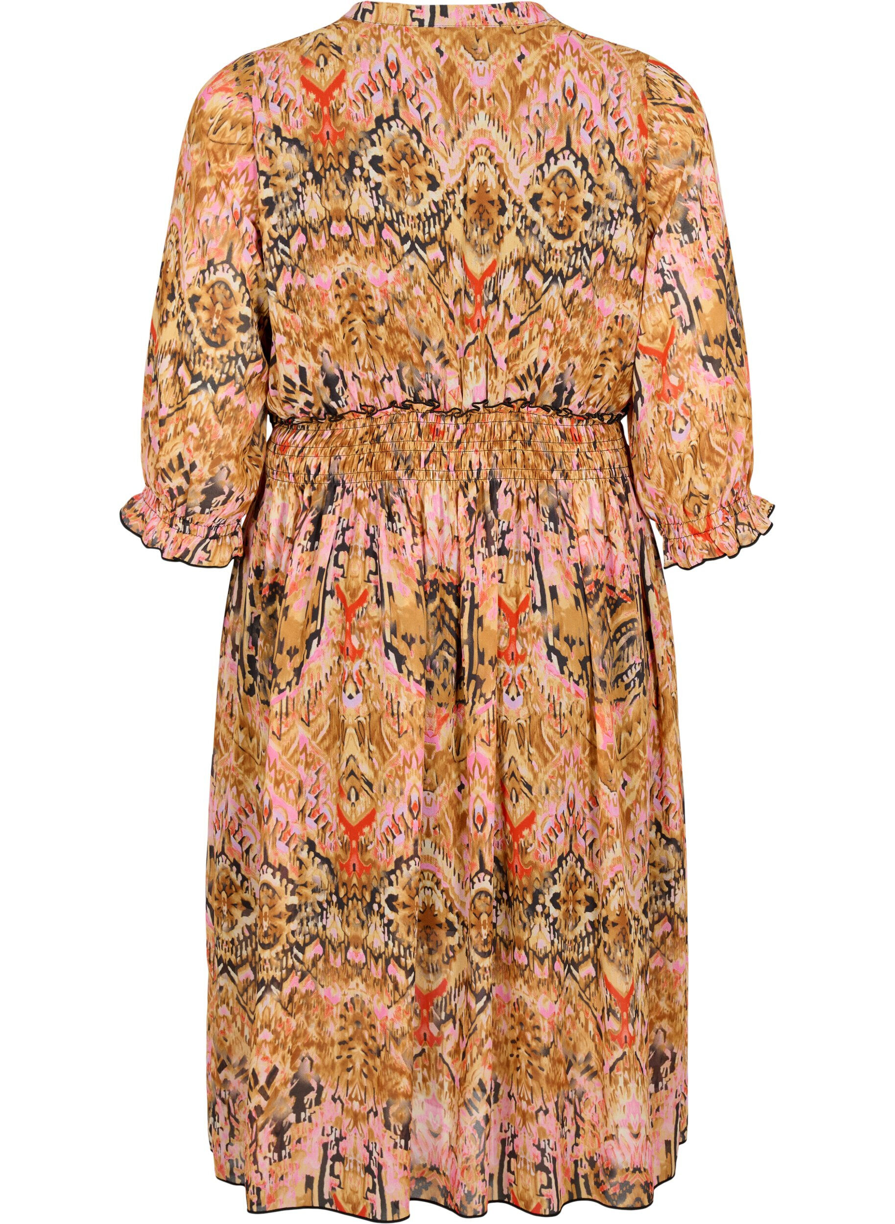 Zizzi Robe midi imprim&eacute;e avec smock et manches 3/4, Colorful Ethnic, Packshot image number 1
