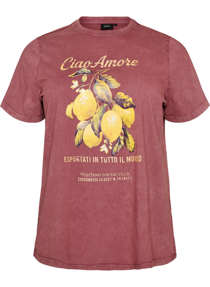 T-shirt en coton avec imprim&eacute; sur le devant et effet d&eacute;lav&eacute;, Bordeaux, Packshot image number 0