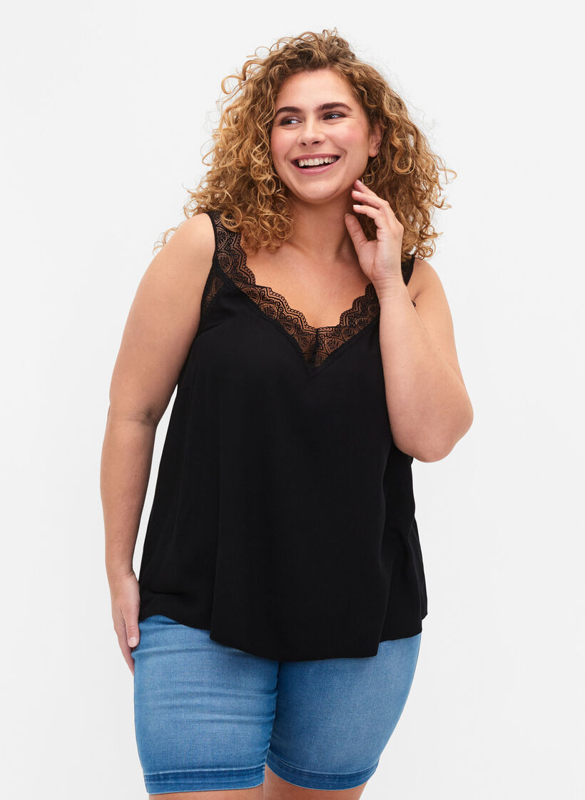 Top avec dentelle en viscose, Black, Model image number 0