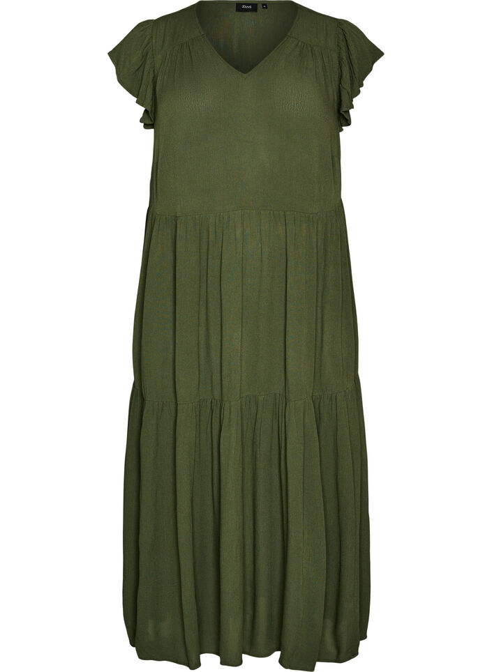 Robe midi en viscose avec manches &agrave; volants, Vert, Packshot image number 0