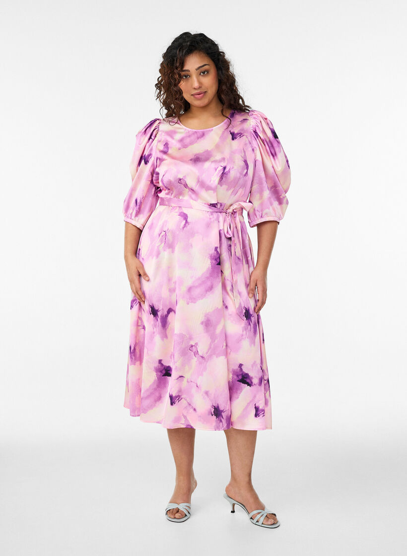 Robes de soir&eacute;e &agrave; manches courtes avec ceinture &agrave; n&oelig;ud, Violet, Model image number 0