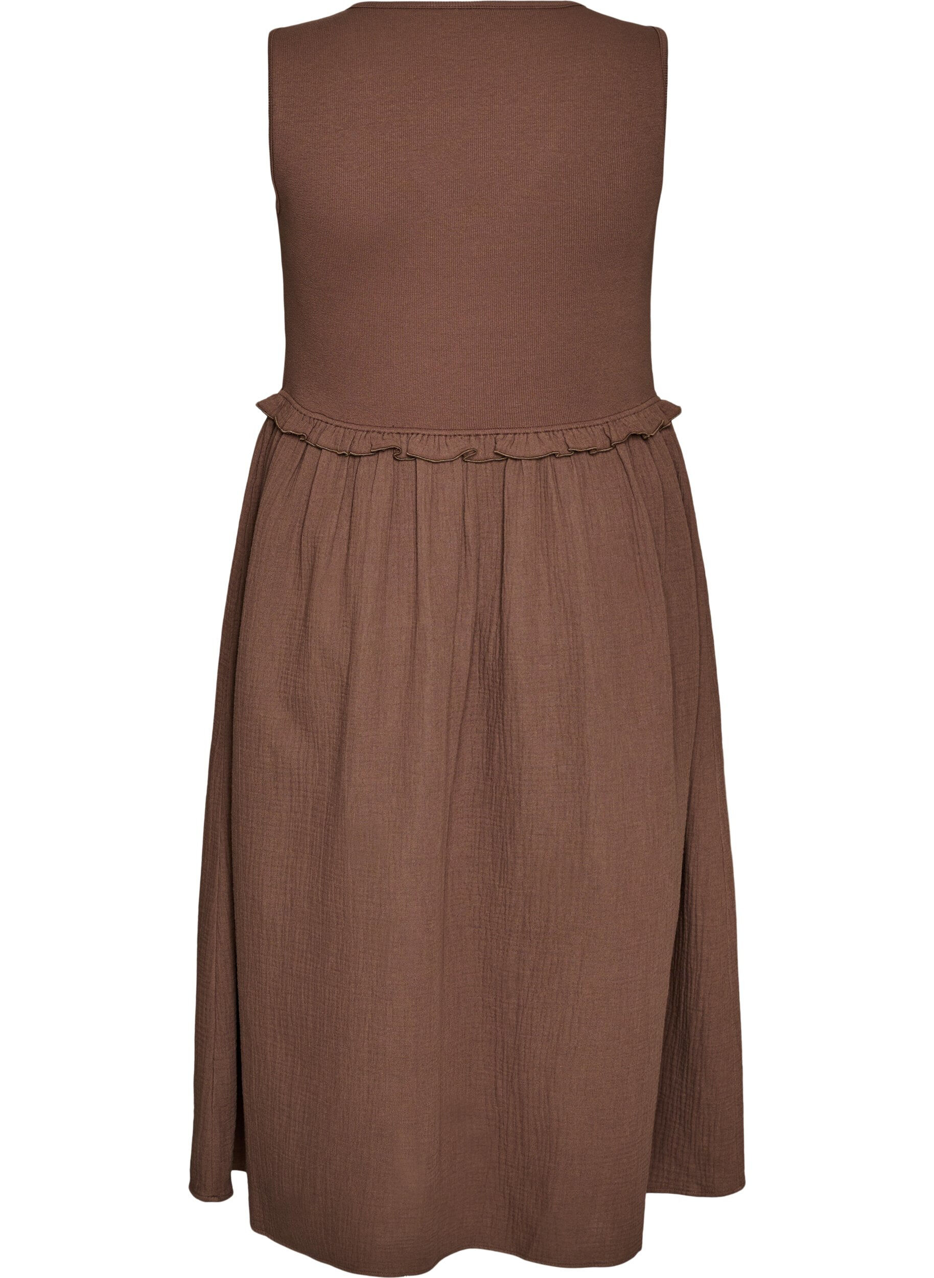 ZizziRobe midi sans manches en coton avec maille c&ocirc;tel&eacute;e et mousseline, Marron, Packshot image number 1