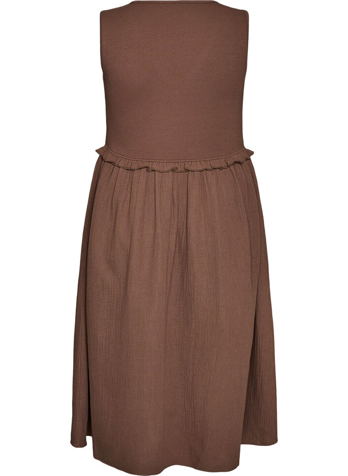Robe midi sans manches en coton avec maille c&ocirc;tel&eacute;e et mousseline, Marron, Packshot image number 1