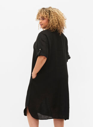 Robes à manches courtes en 100% lin, Black, Model image number 1