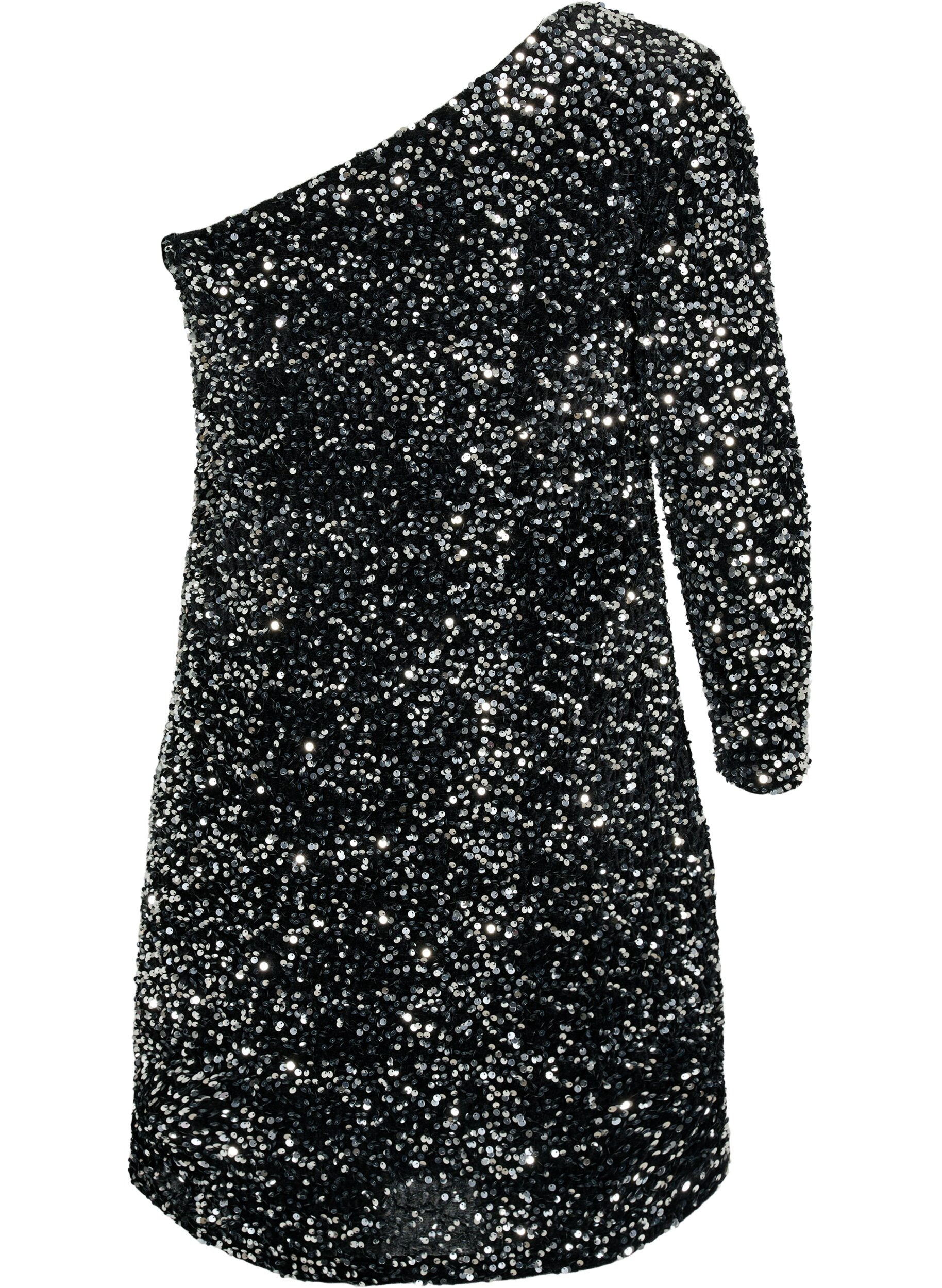 Zizzi Robe courte &agrave; sequins, coupe asym&eacute;trique une &eacute;paule d&eacute;nud&eacute;e, Black/Silver Sequins, Packshot image number 1