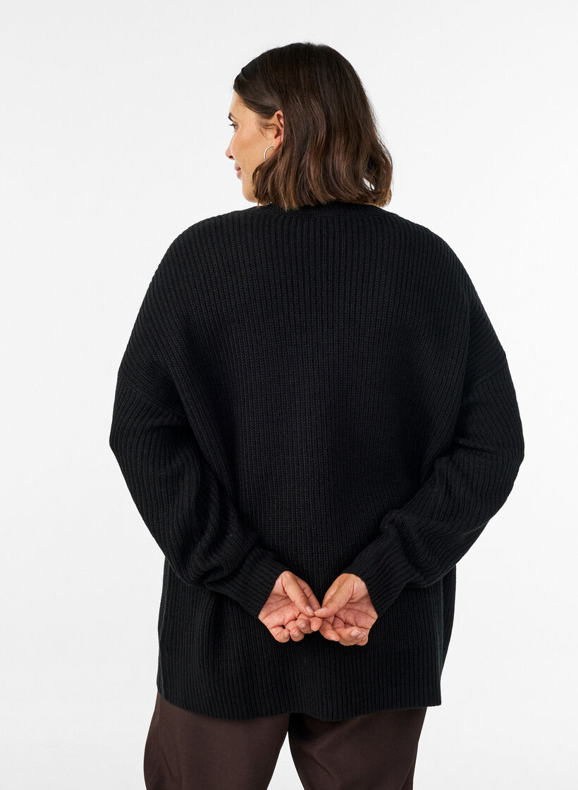 Blouse longue en maille c&ocirc;tel&eacute;e avec col en V, Noir, Model image number 2