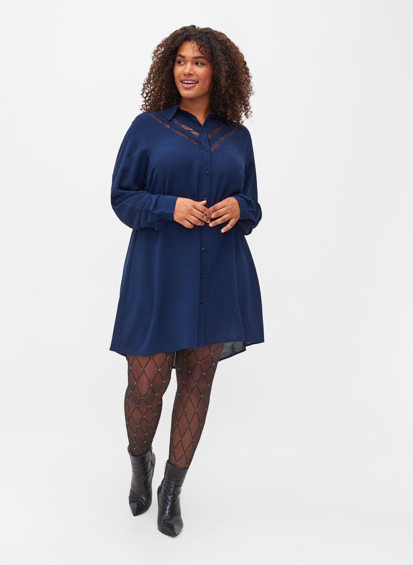 Chemise longue avec détails en dentelle, Navy Blazer, Model image number 2