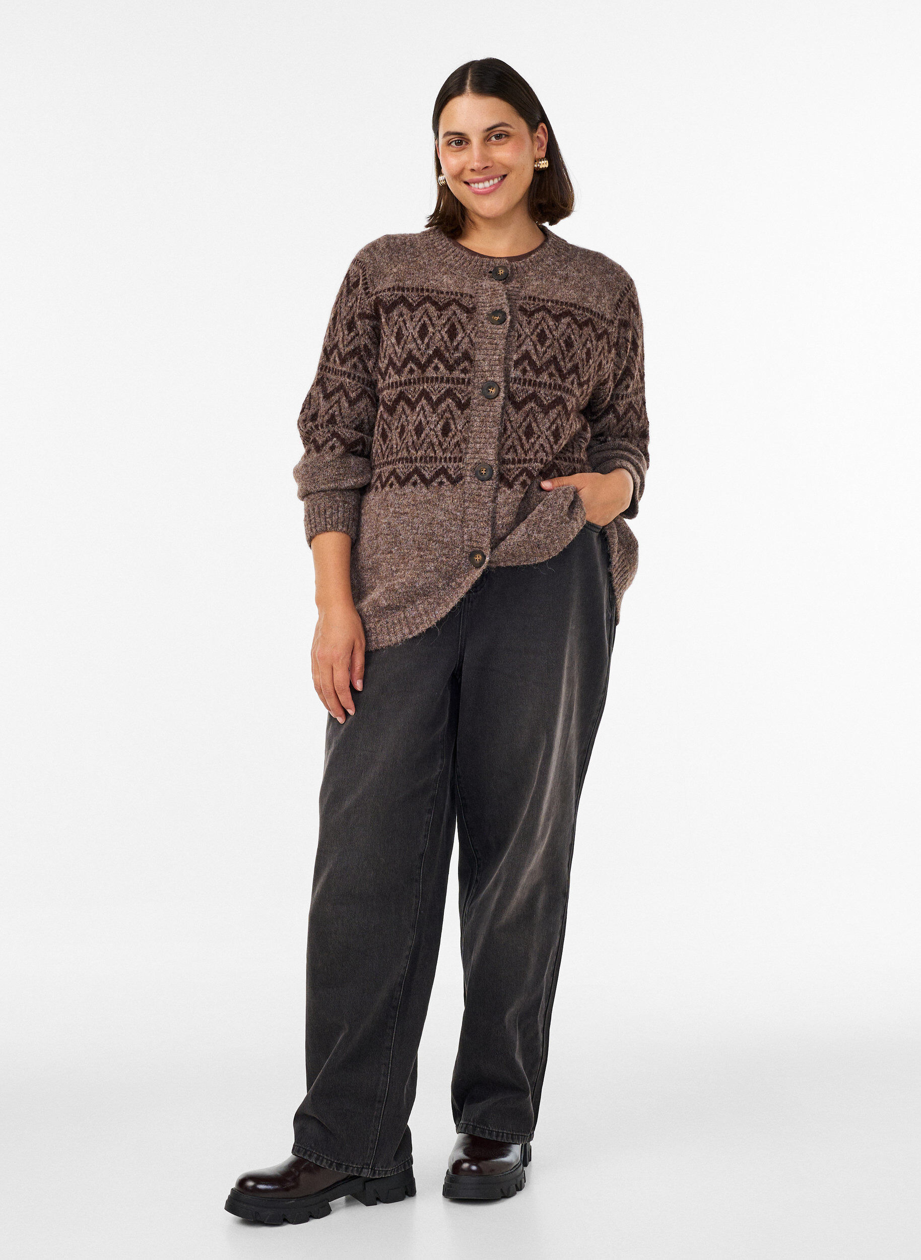 ZizziCardigan &agrave; motif jacquard, Marron, Model image number 1