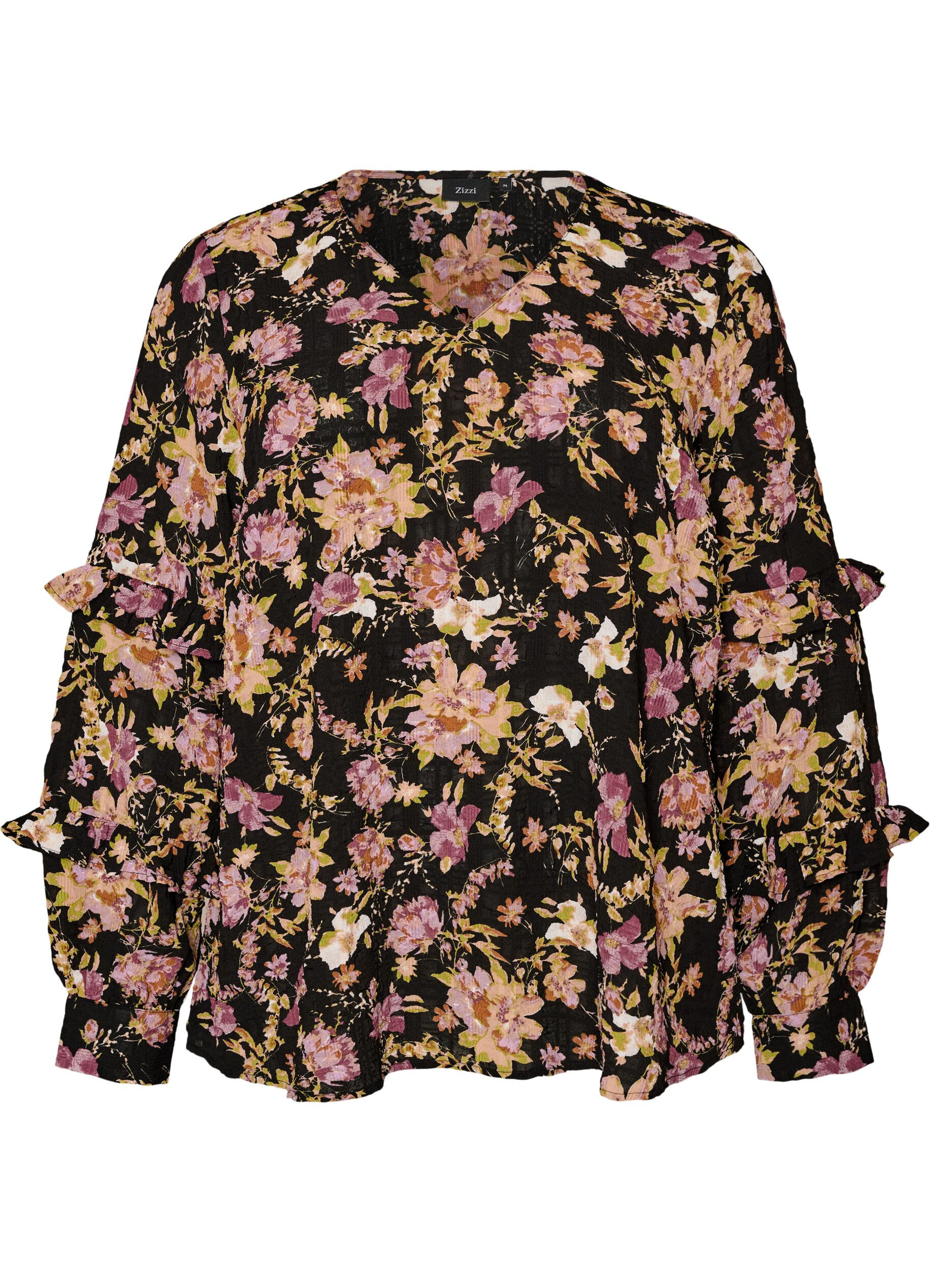 ZizziBlouse avec imprim&eacute; floral et volants, Noir, Packshot image number 0
