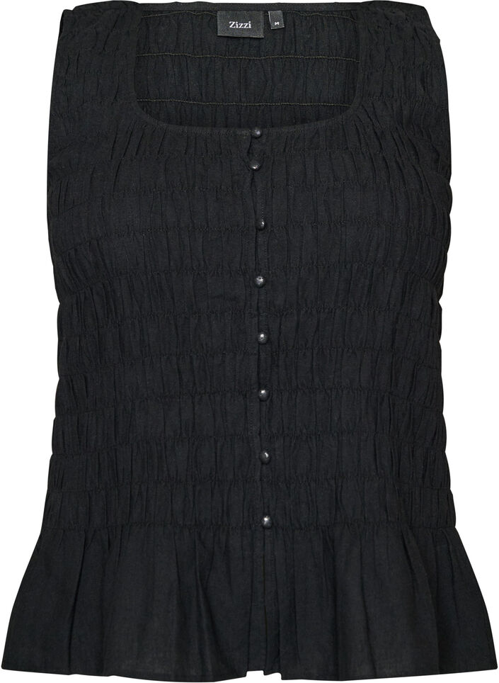 Top sans manches en coton et lin avec smocks, Noir, Packshot image number 0