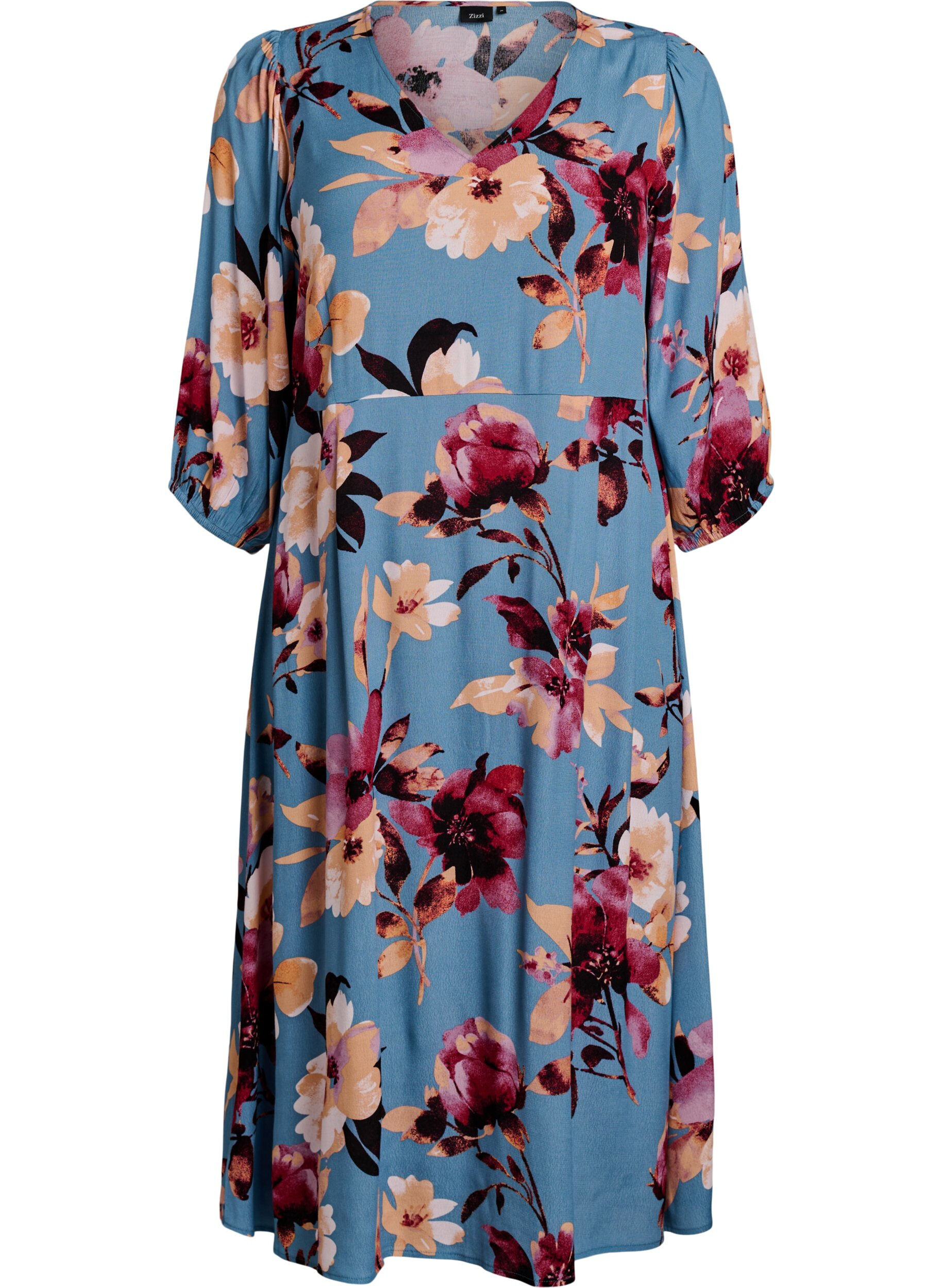 Robe mi-longue avec imprim&eacute; floral et manches 3/4