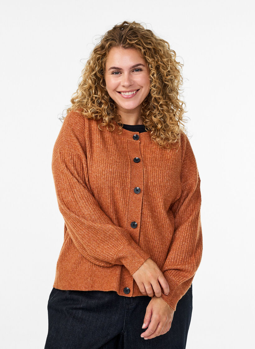 Cardigan en tricot côtelé avec boutons, Orange, Model image number 0