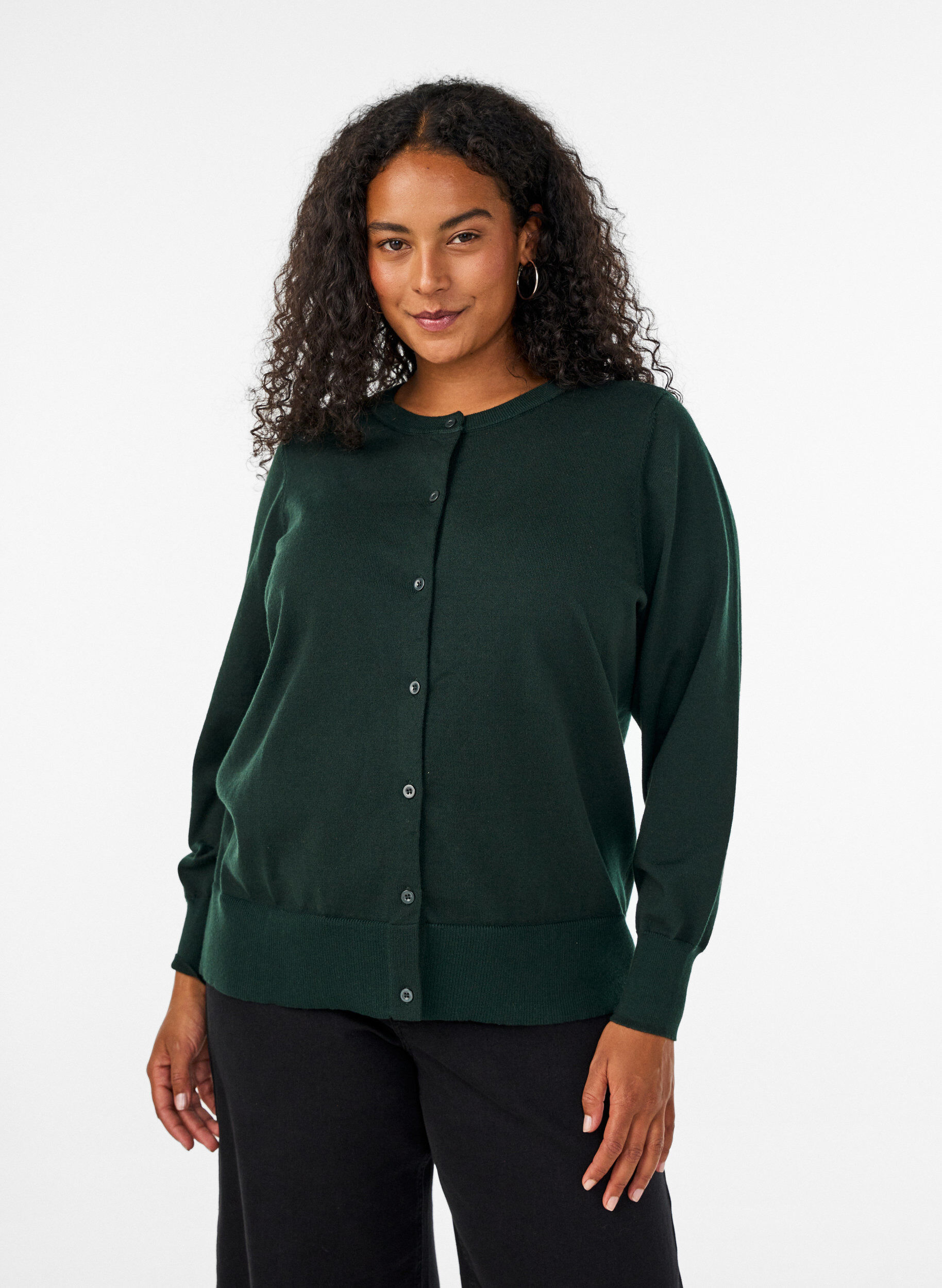 ZizziCardigan en maille fine avec col rond, Vert fonc&eacute;, Model image number 0