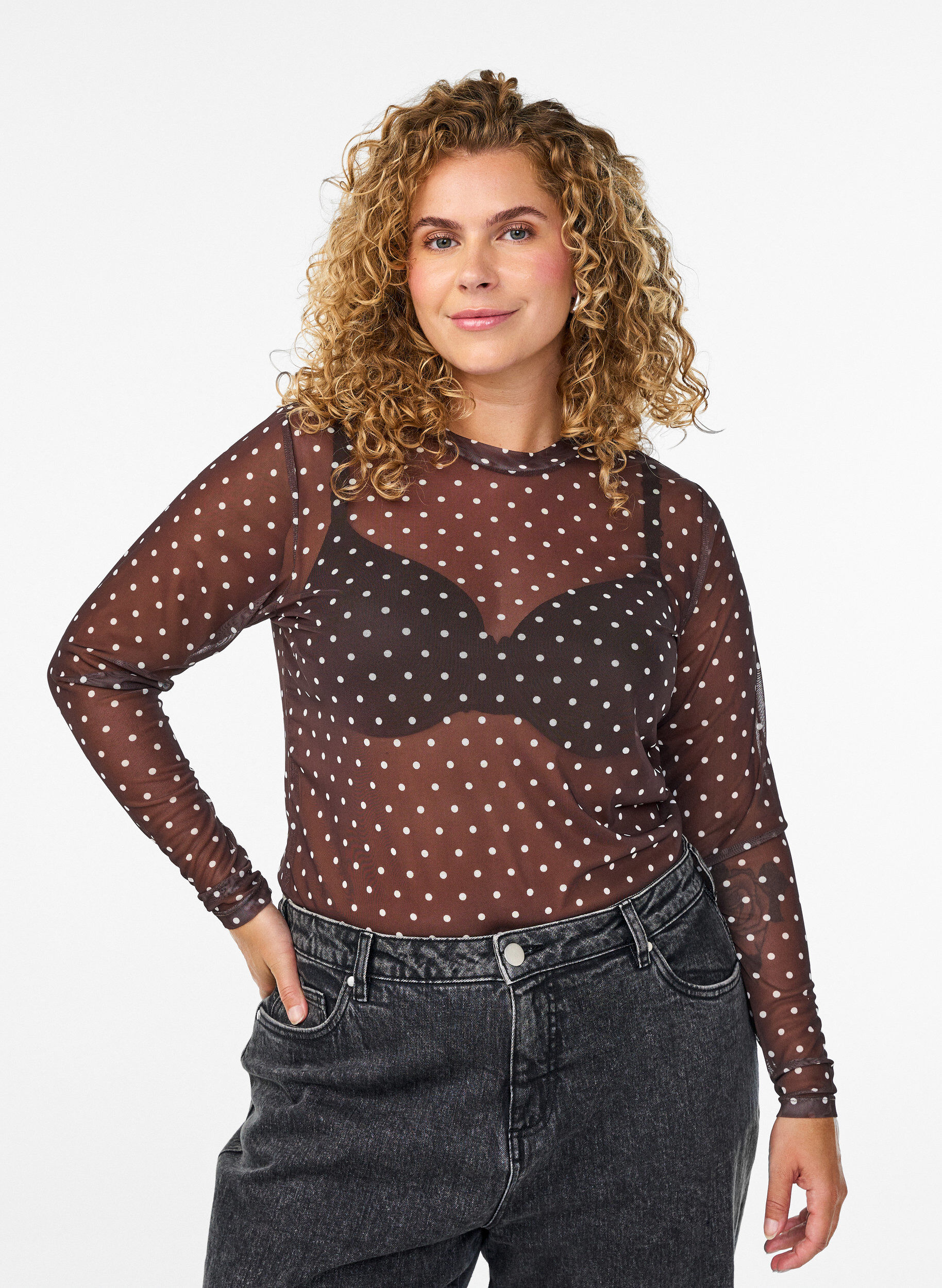 Blouse en maille &agrave; pois, Marron, Model