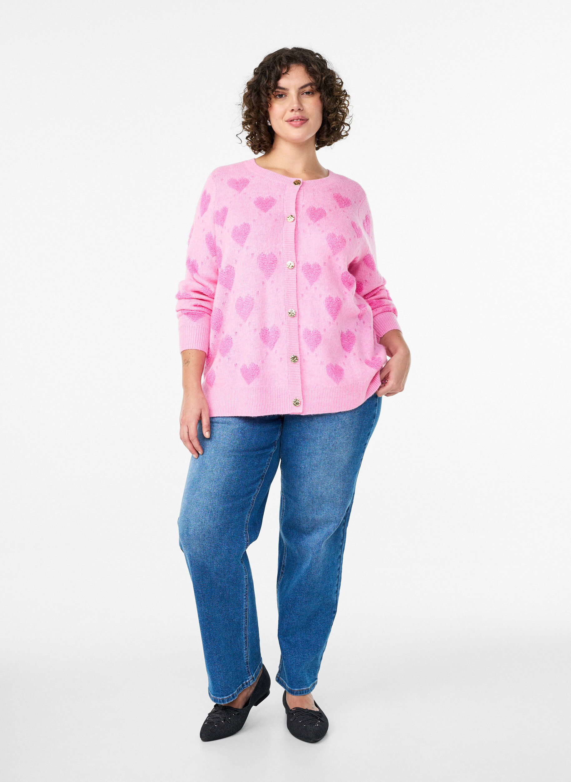 Zizzi Cardigan &agrave; c&oelig;urs et boutons dor&eacute;s, Rose, Model image number 1