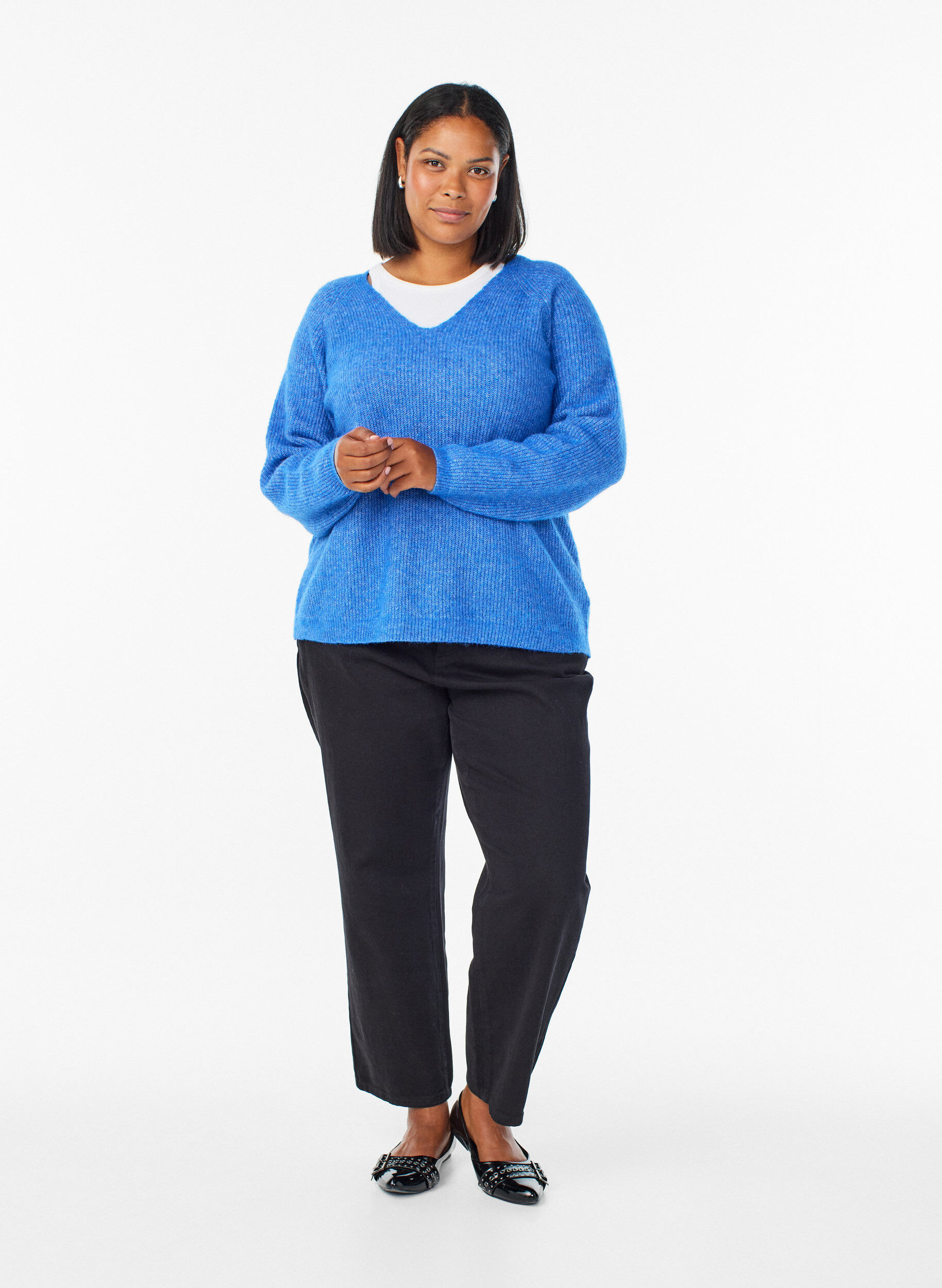 ZizziBlouse en maille &agrave; col V et manches raglan, Bleu, Model image number 1