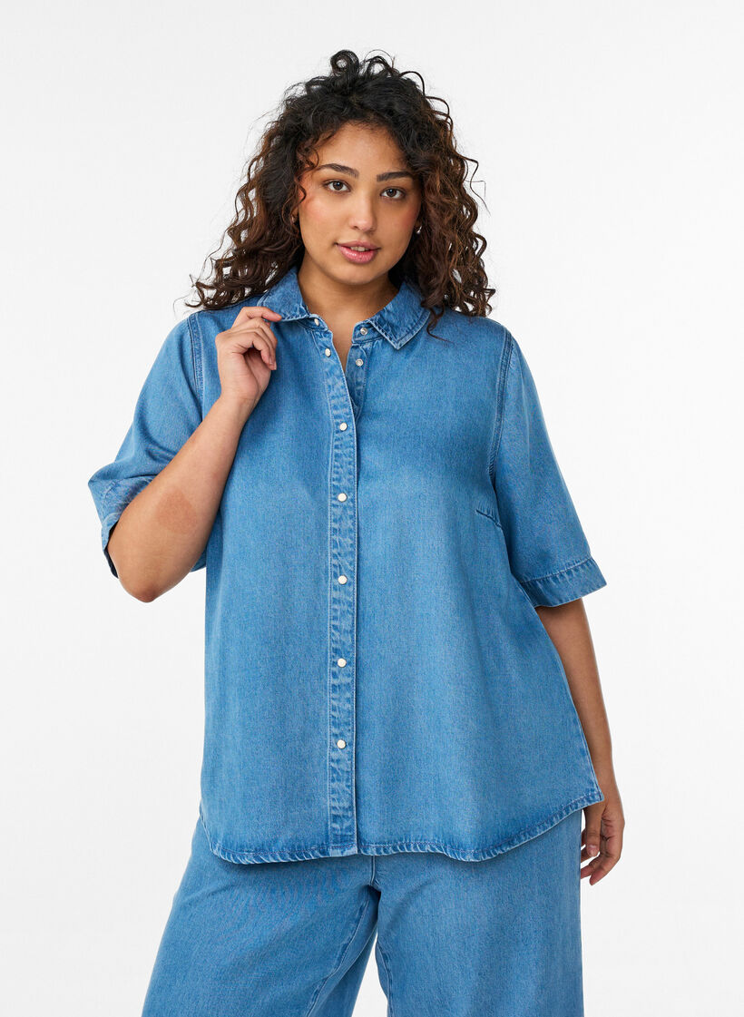 Chemise &agrave; manches courtes aspect denim en lyocell, Bleu Clair, Model image number 0