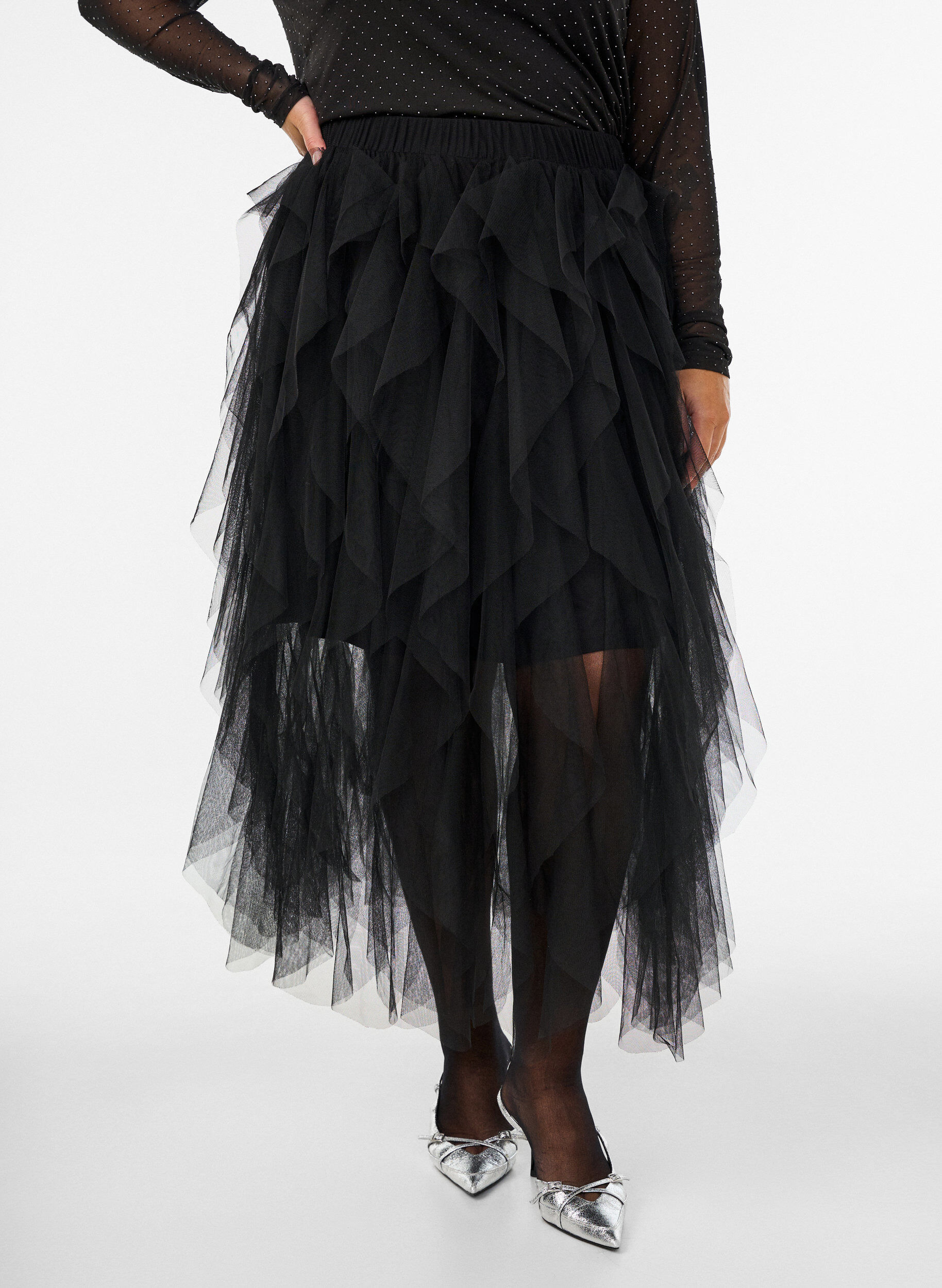 ZizziJupe midi en tulle avec ceinture &eacute;lastique, Noir, Model image number 2