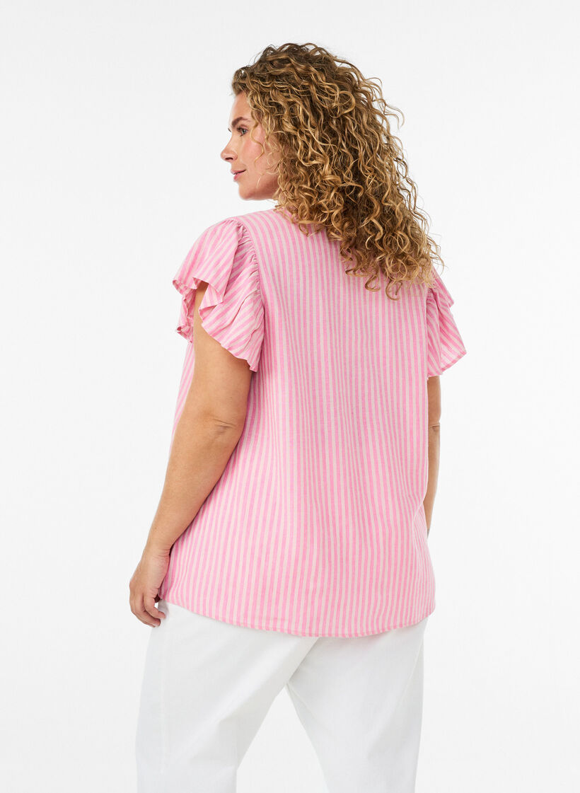 Blouse en viscose et lin avec manches &agrave; volants, Rose, Model image number 2