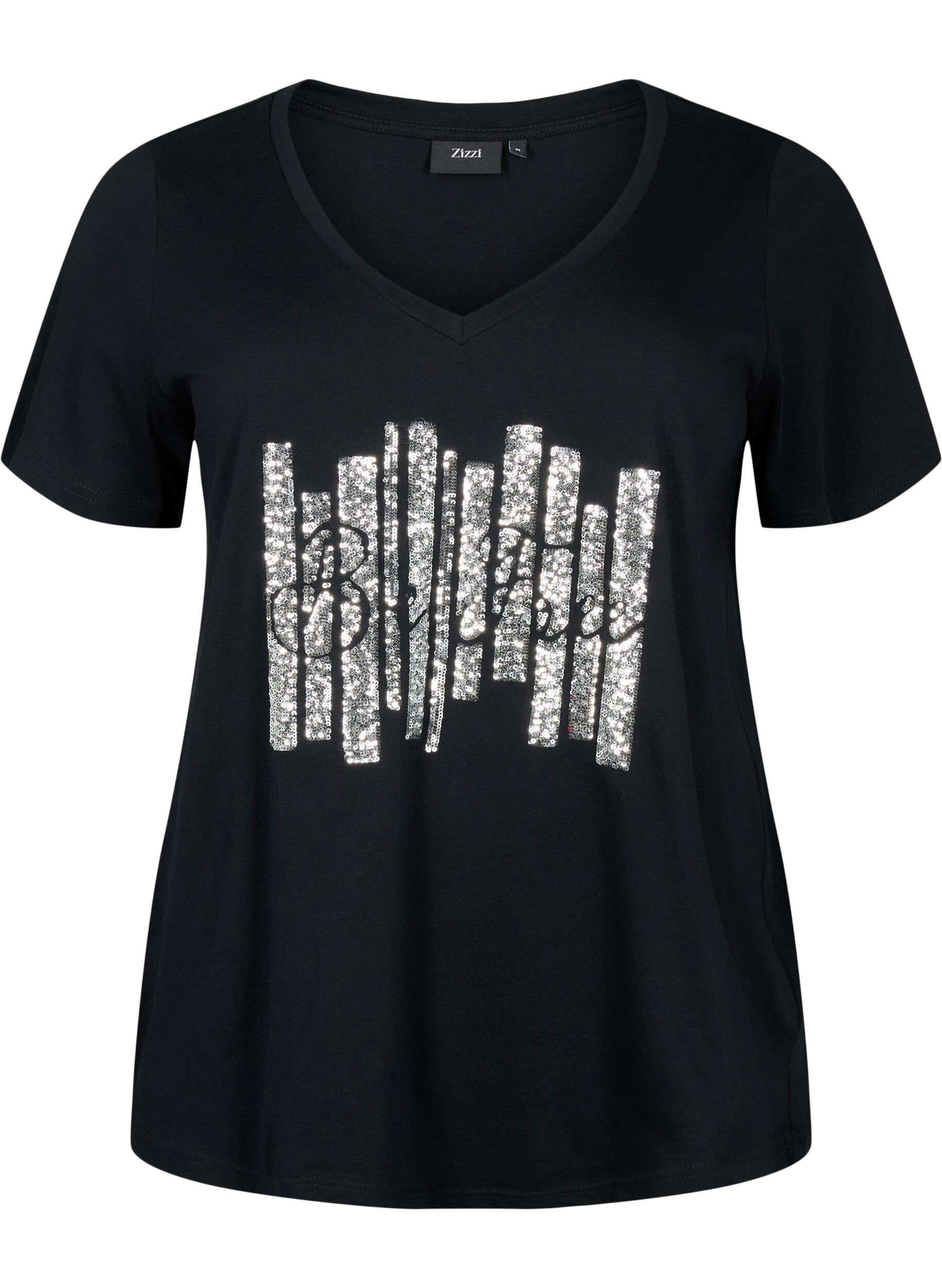 Zizzi T-shirt &agrave; paillettes en coton, Black W. Be free, Packshot image number 0