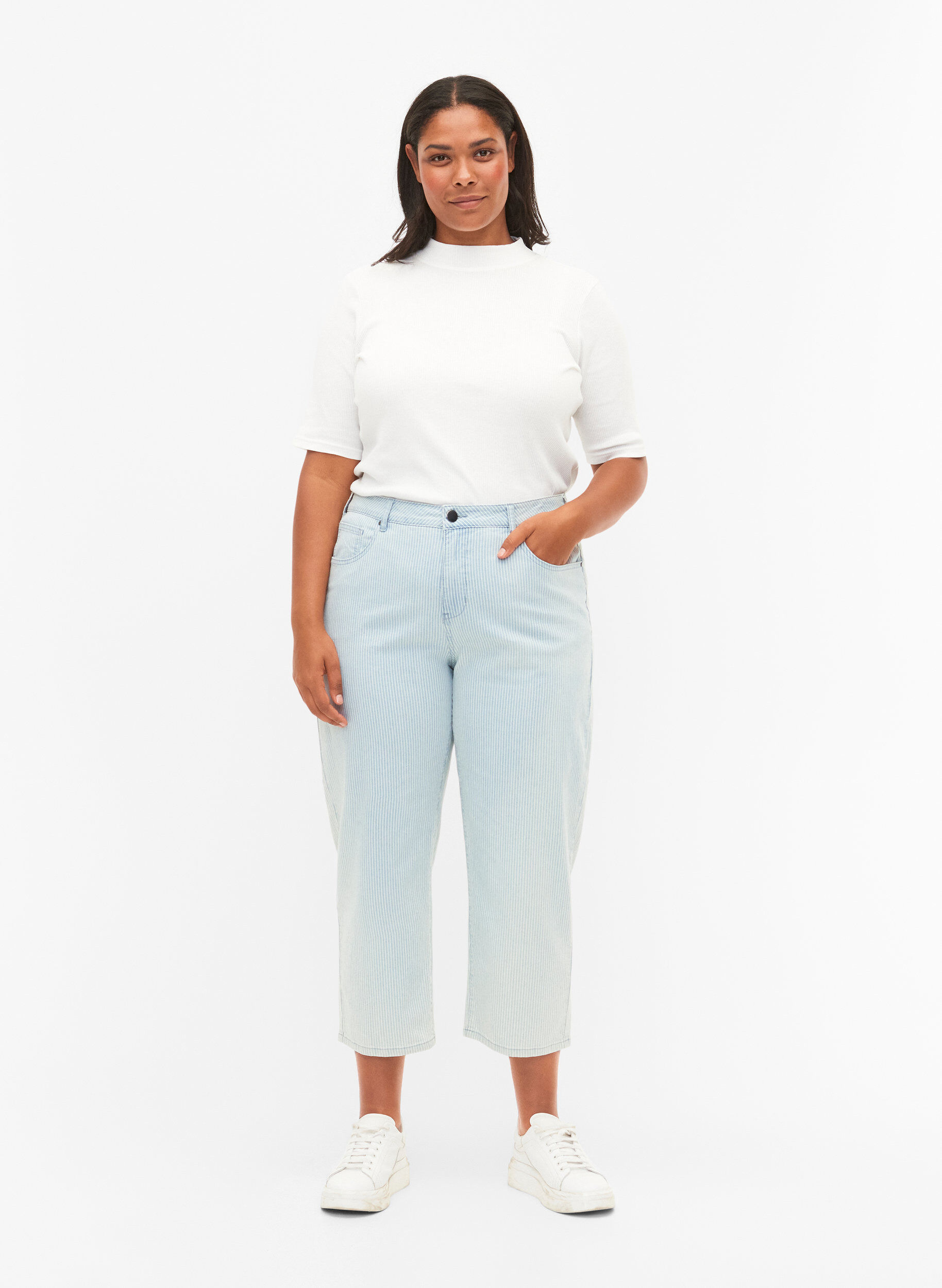 Zizzi Jean droit, cheville courte, Light Blue Stripe, Model image number 0